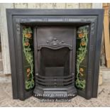 Complete tiled fire insert with reproduction art nouveau tiles, 97cm x 97cm. Some small damage to