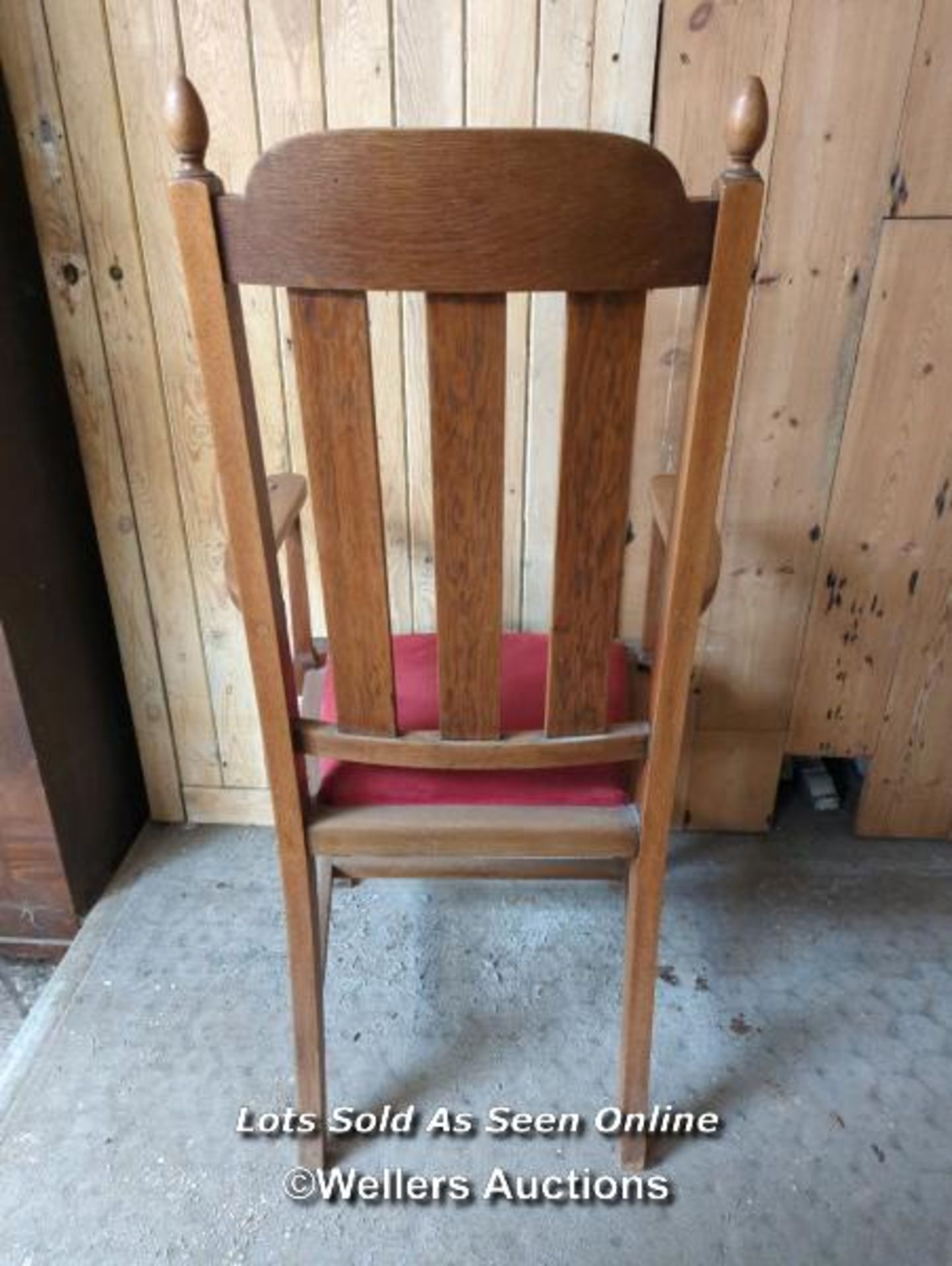 Oak arts and crafts carved high back chair. Cushion seat. 113cm high. Good condition - Image 6 of 6