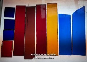 10 pieces of coloured glass inc flashed red. Approx size 50cm L x 10cm W