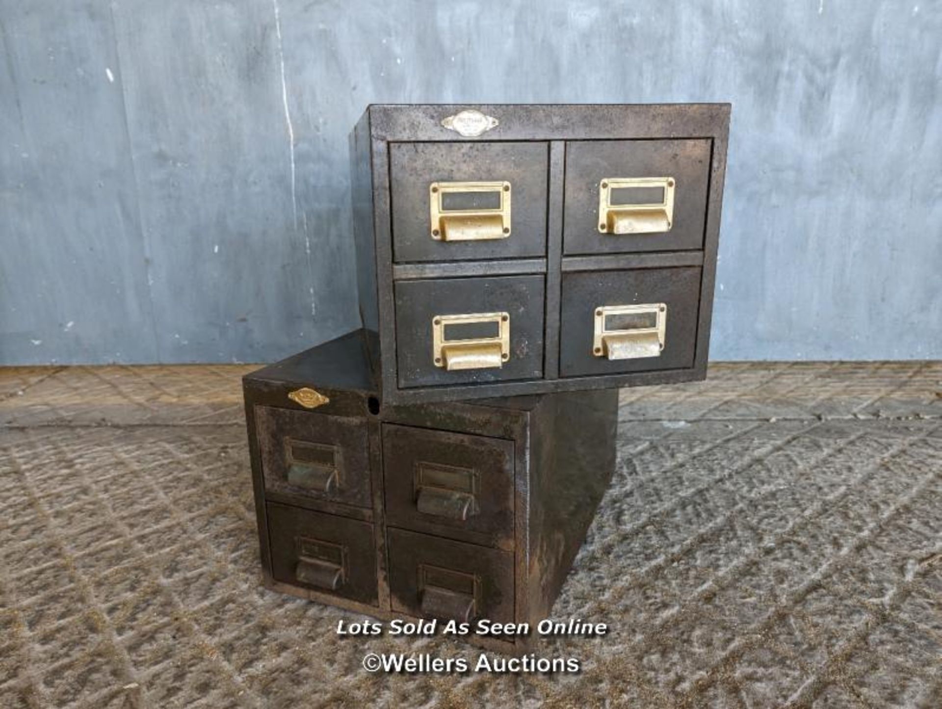 2 metal four drawer filing cabinets C1930 with brass handles/card holders. Some rust and paint loss - Image 2 of 6