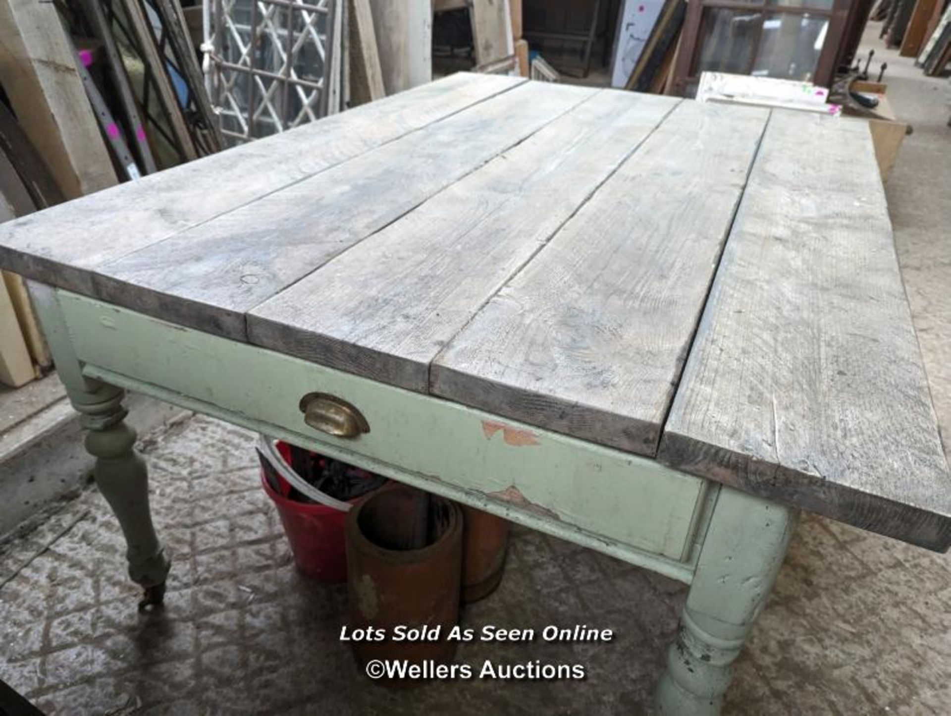 Pine dining table. Compact 6 to 8 seats design. Painted base with green paint. Some paint failure. - Image 7 of 7