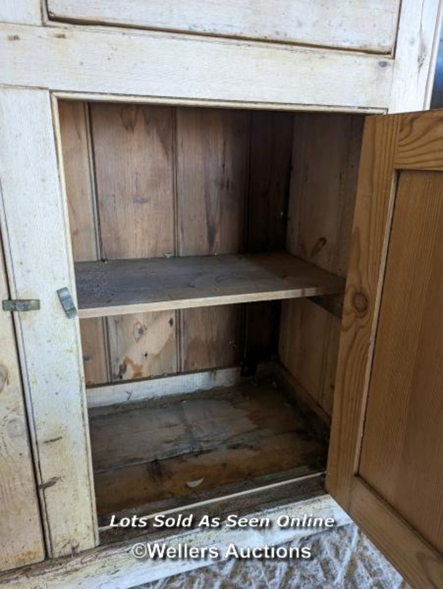 Stripped pine Victorian dresser for restoration. Open shelf over two drawers and two cupboards. - Image 4 of 6