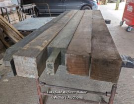 5 large hardwood beams. Mahogany/sapeli from 12cm by 14cm to 15.5cm by 15.5cm and 206cm to 216cm