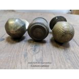 3 reclaimed brass front door pulls with holding bolts. Beehive pull with wear and tear.