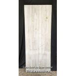 3 standard size pine internal plank doors. Painted. Sizes 75.5cm x 196cm. 76cm x 197.5cm and 75cm