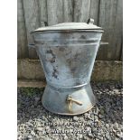 Galvanised washer, hopper or planter with brass tap (not tested) and lid. 52cm high. 48cm across.