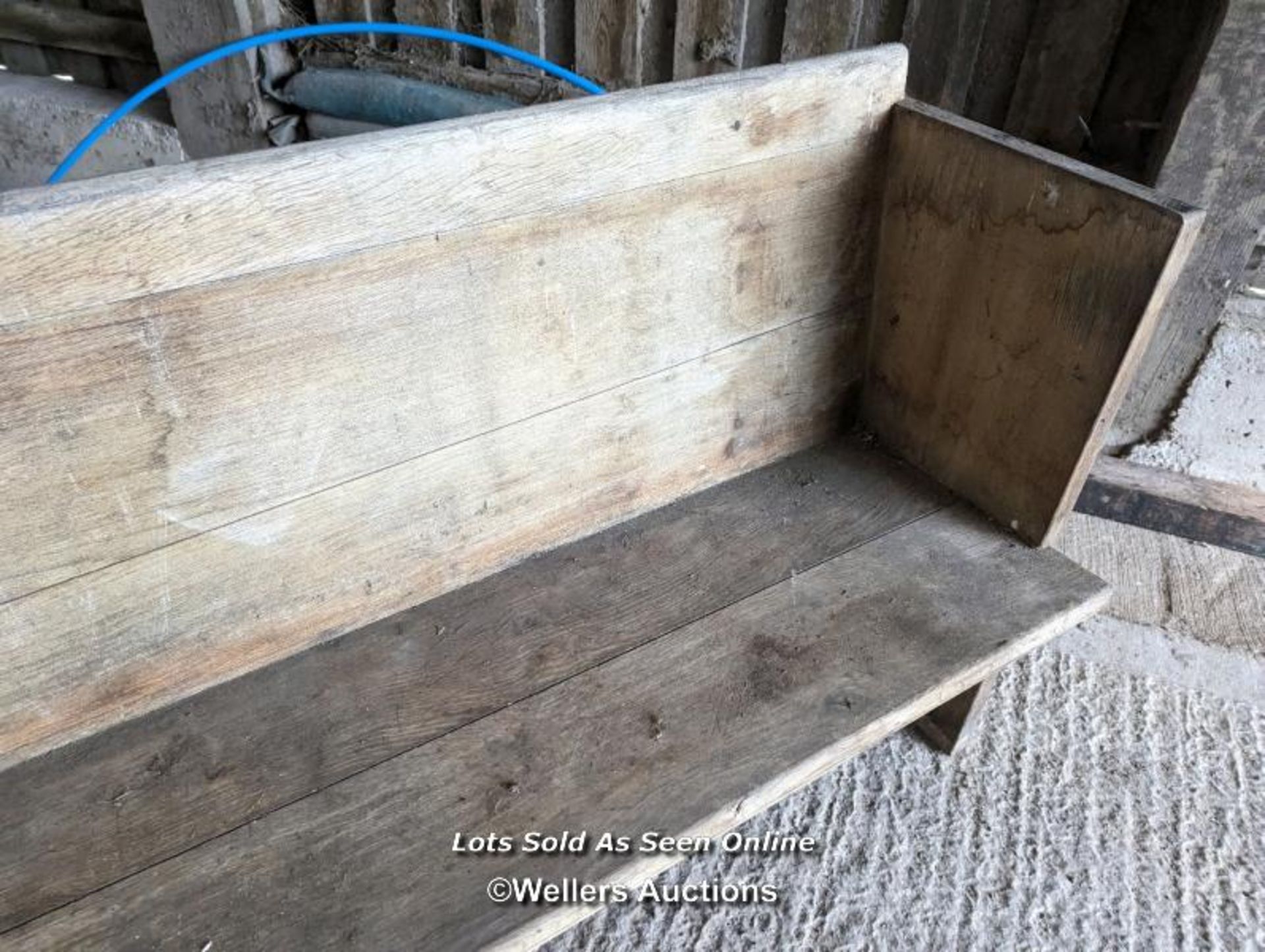 A pair of solid oak pews. Grey colour and dirty due to being stored briefly outside. Height 84cm, - Image 4 of 11