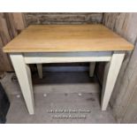 Table with oak top and painted pine removable legs for transport. Legs bolt on. Top 75cm x 90cm.