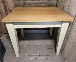 Table with oak top and painted pine removable legs for transport. Legs bolt on. Top 75cm x 90cm.