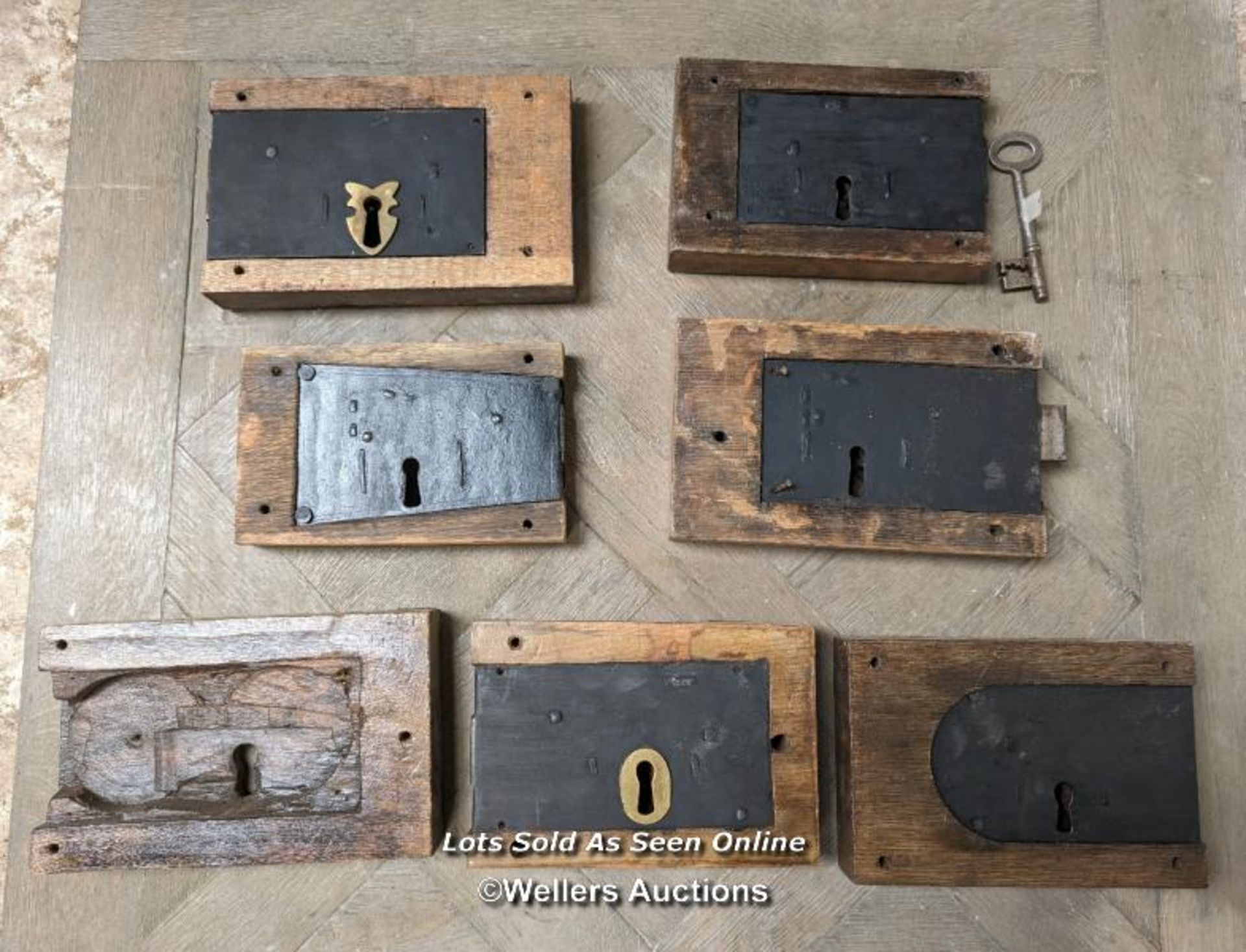 7 Antique box locks. Gothic metal details. 6 original locks. No keys or keeps. Sizes approx 14cm x - Image 3 of 3