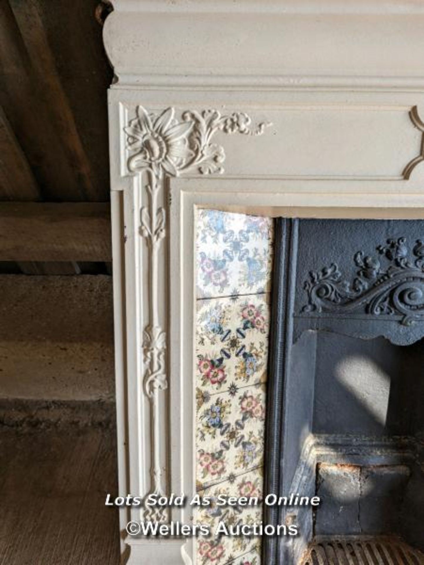 Edwardian painted cast iron combination fireplace with tiles. Complete except for one lug missing. - Image 3 of 6