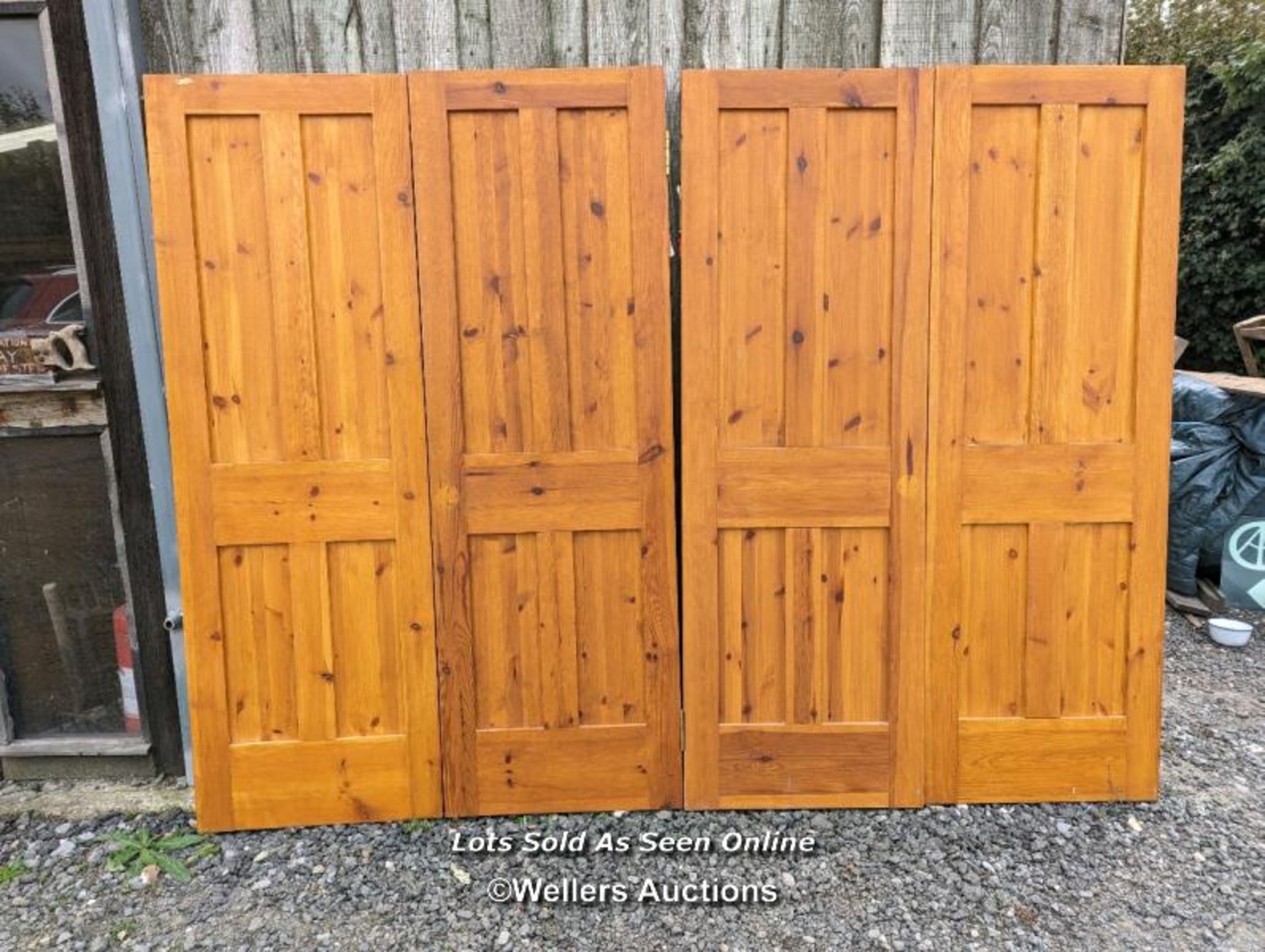 4 matching pine four panel doors, morticed and tenoned construction. Each door 61cm x 183cm x 4cm.