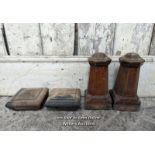 2 pairs of oak newel post tops. One pair 6" x 6", one pair 11.5cm x 11.5cm base and 24cm tall.