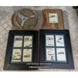 3 motoring related framed prints and 1 vintage steering wheel, 38cm diameter, for restoration