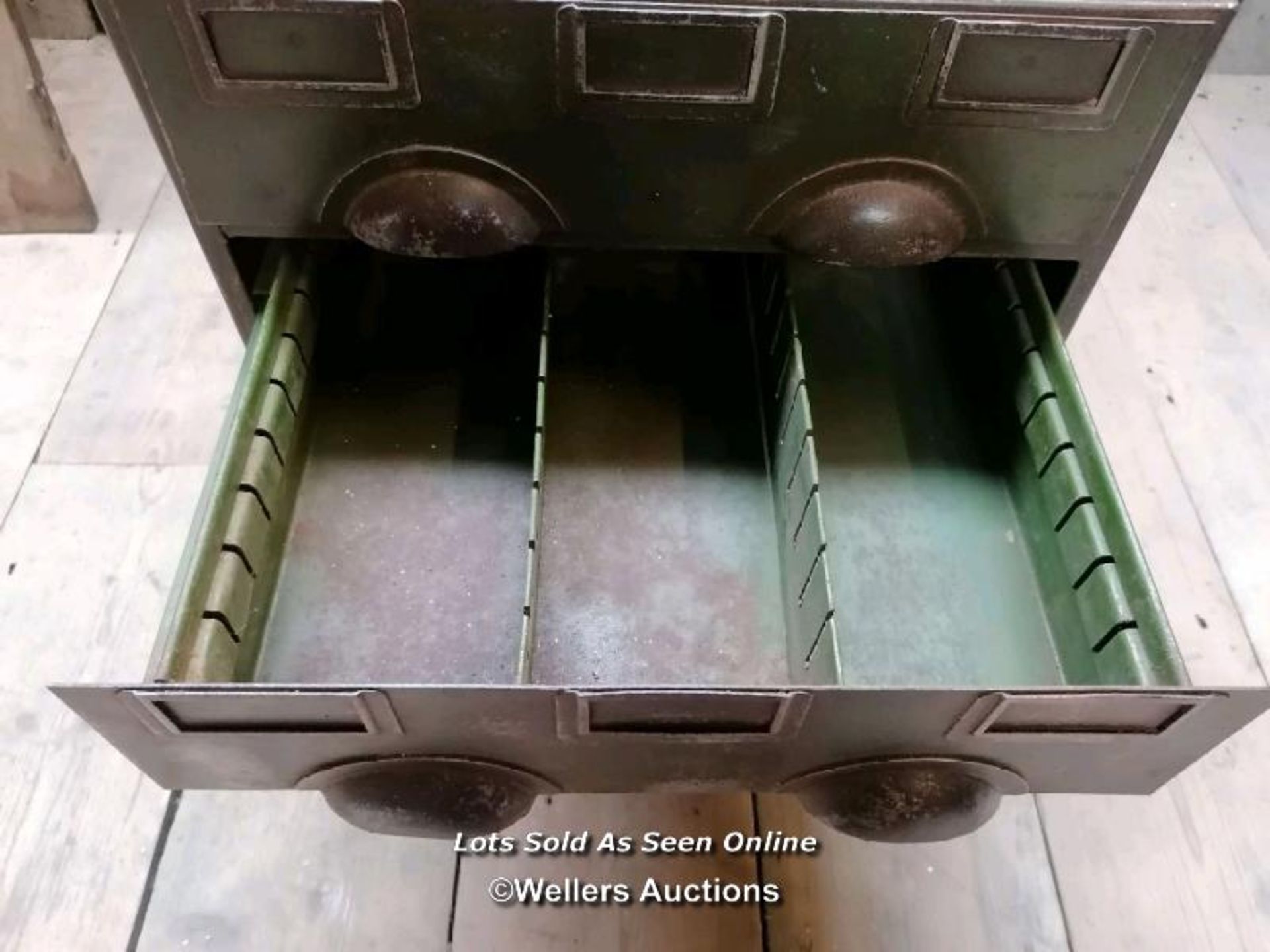 Metal industrial drawer unit. Remains of original green paint. For restoration. All drawers run. - Image 3 of 5