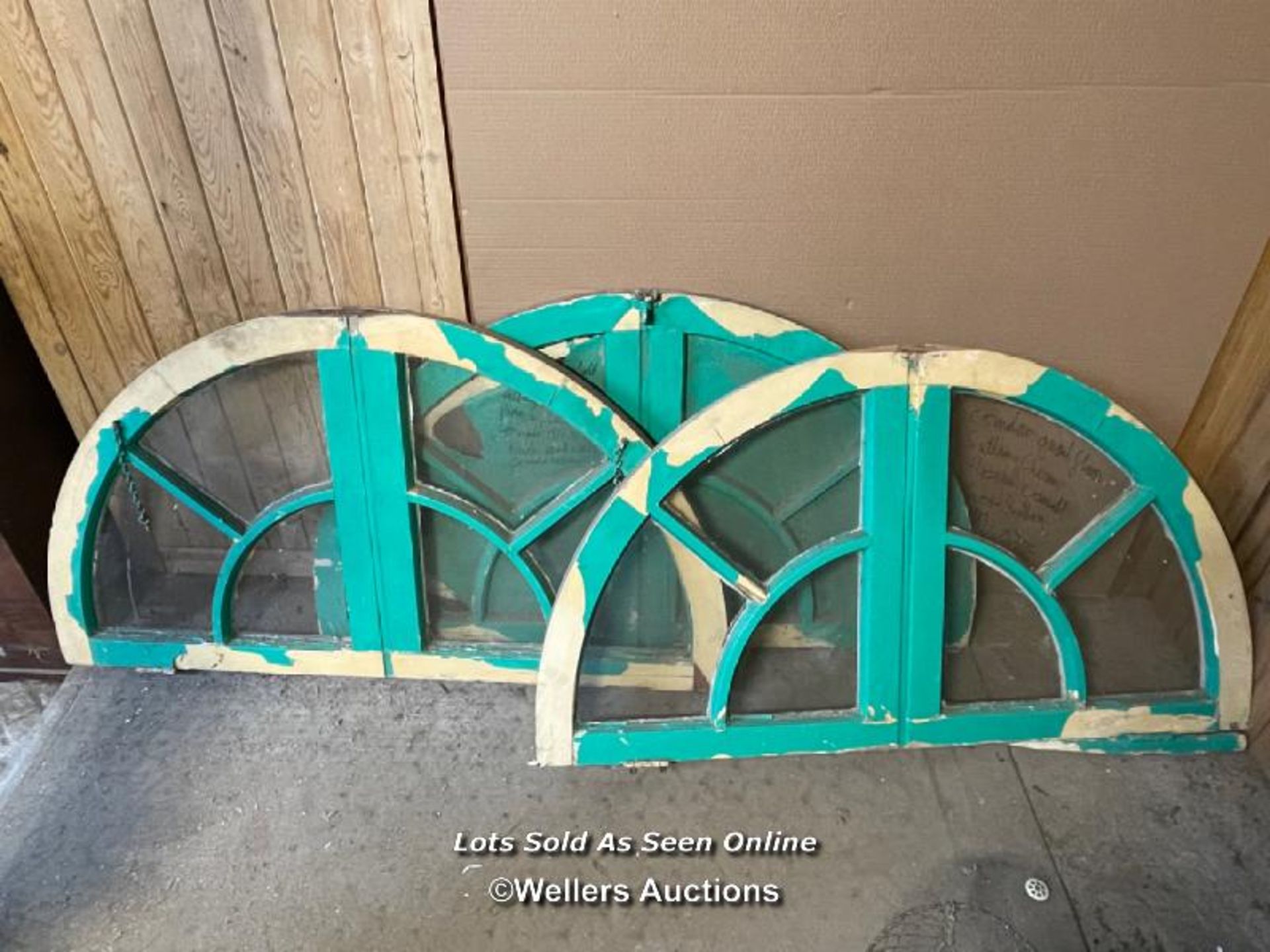 3 semicircular pine windows/overlights or for use as one large circular window or reuse as