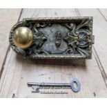 A decorative French brass rimlock with key and modern brass keep. Recently restored. 16.5cm L x