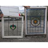 6 stained glass panels in pine frames. Some damage to glass and frames