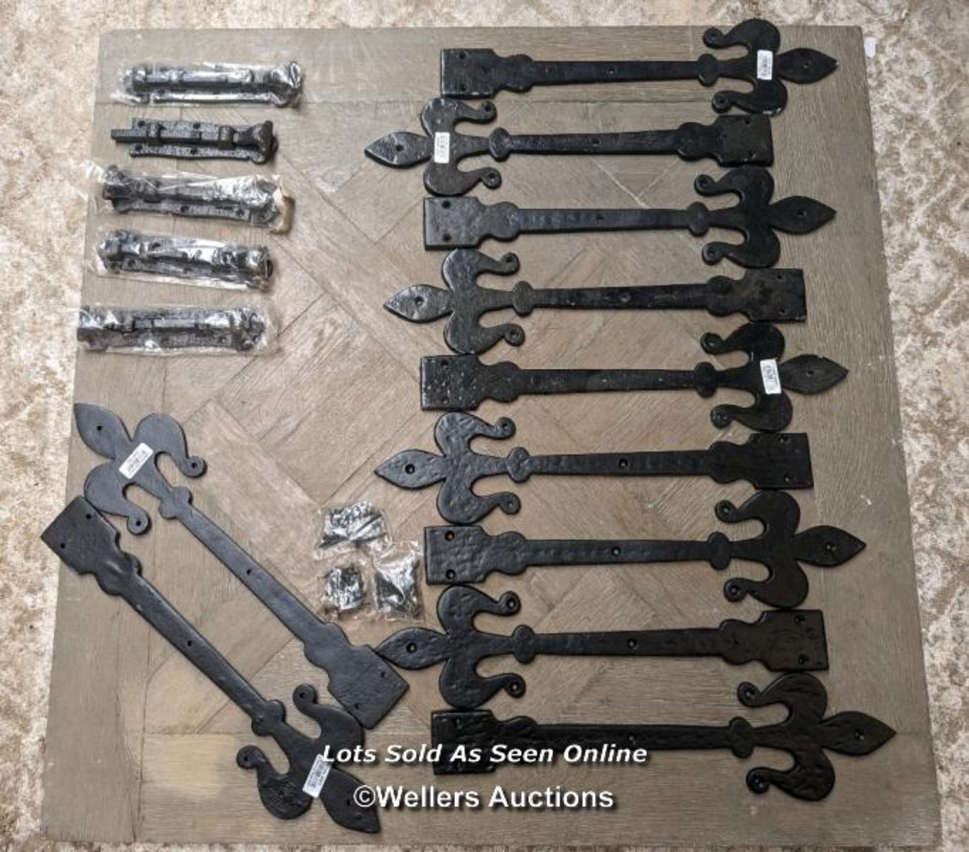 Reproduction 11 cast iron decorative gothic door straps. 41cm long, plus 5 new black bolts, one bolt