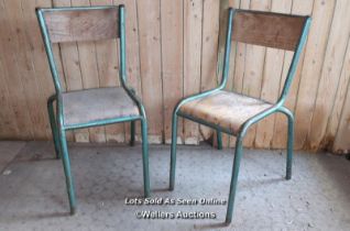 Two vintage school chairs. Stackable tubular frames with ply seat