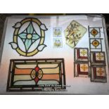 11 pieces of stained glass inc handpainted, leaded, bullseyes. Some damage and cracks. Largest piece