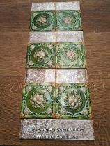 Set of firplace tiles made up of Edwardian 'majolica' style tiles. 6 at 6" x 6" and 8 at 6" x 3".