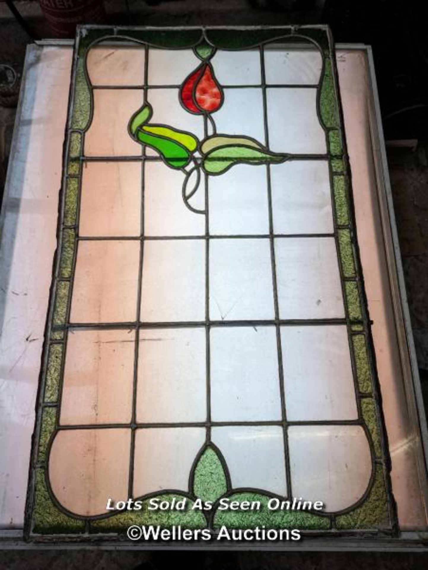 A pair of Art nouveau stained glass panels. Some breaks. 56cm x 98cm - Image 2 of 6