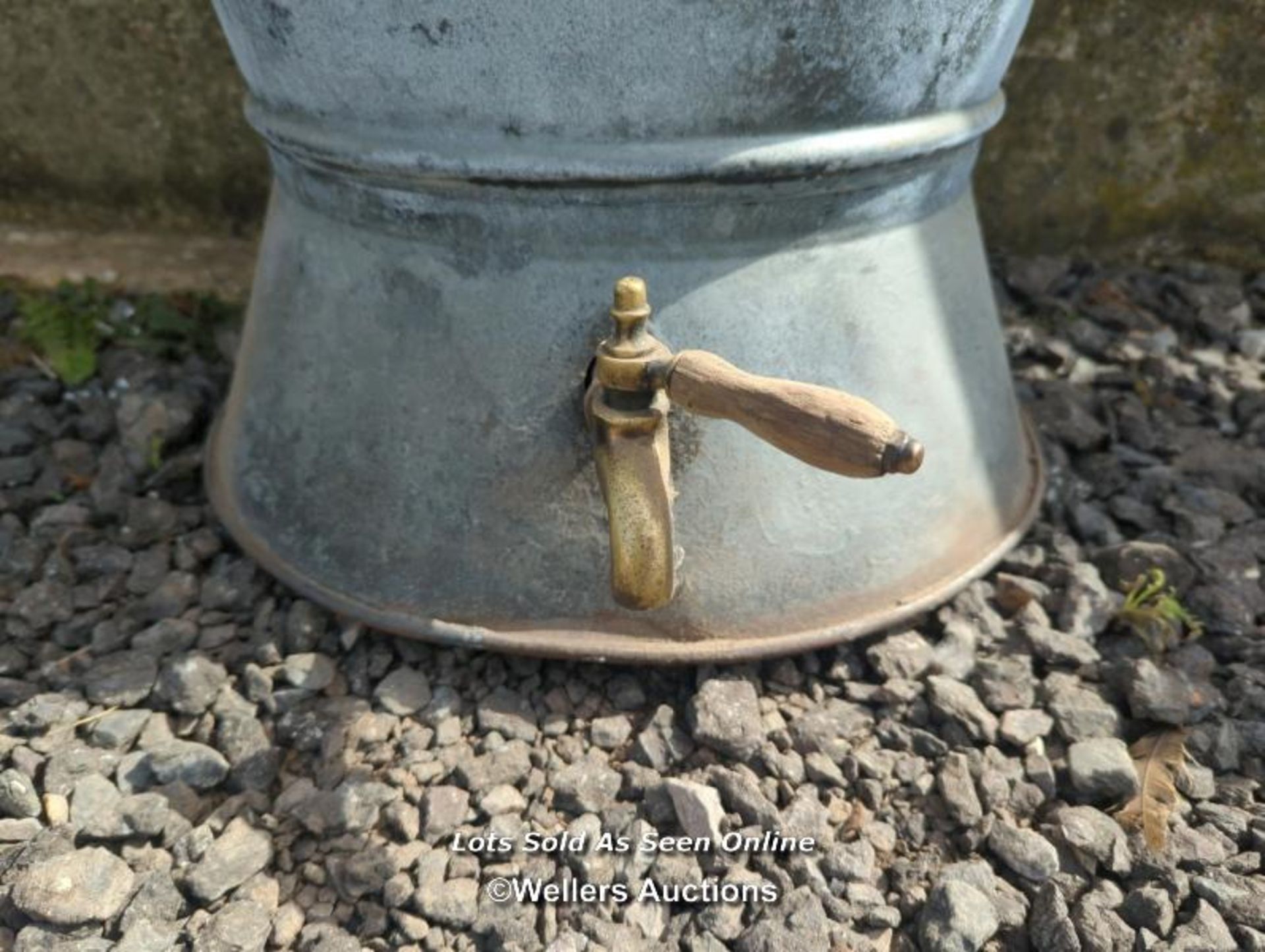 Galvanised washer, hopper or planter with brass tap (not tested) and lid. 52cm high. 48cm across. - Image 2 of 6