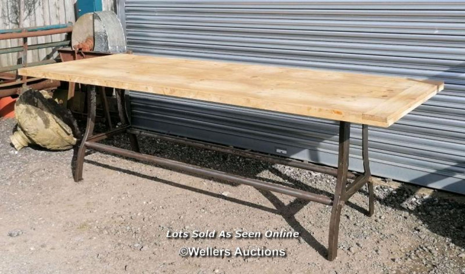 Dining table with cast iron base and reclaimed pine top. 8 to 10 seater. 240cm L x 88cm W x 76cm - Image 2 of 5