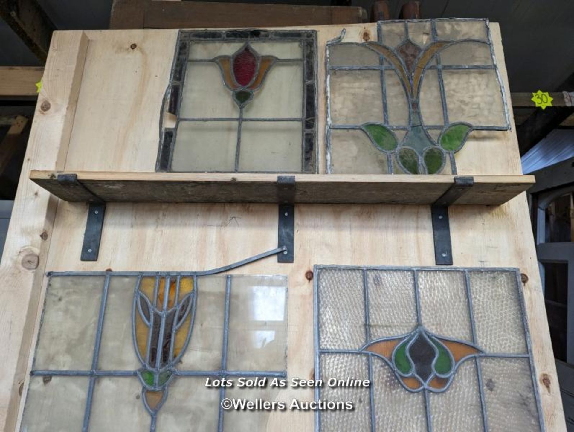 10 leaded stained glass panels in need of restoration. Some breaks in glass and lead missing. - Image 3 of 3