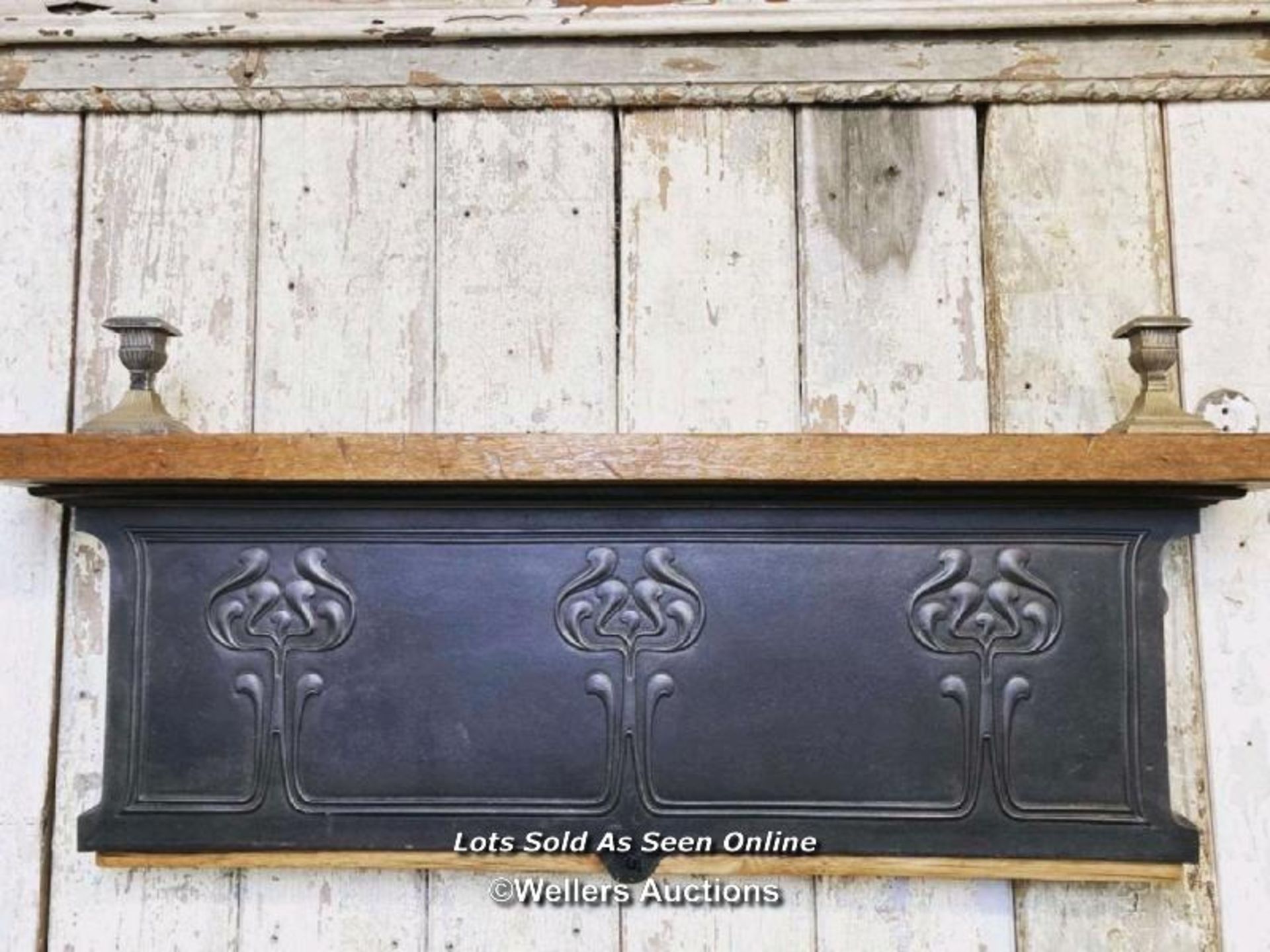 Art Nouveau cast iron fireplace element converted into wall shelf with oak top. 110cm x 37cm T.