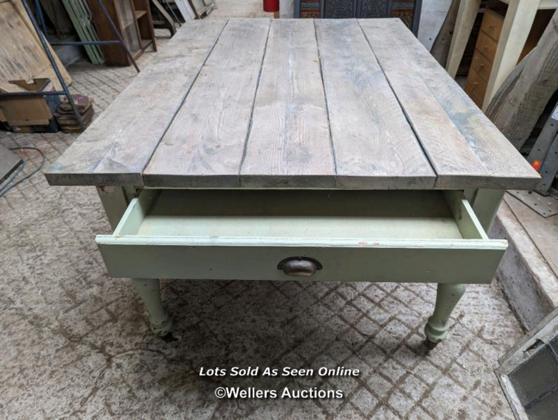 Pine dining table. Compact 6 to 8 seats design. Painted base with green paint. Some paint failure. - Image 4 of 7