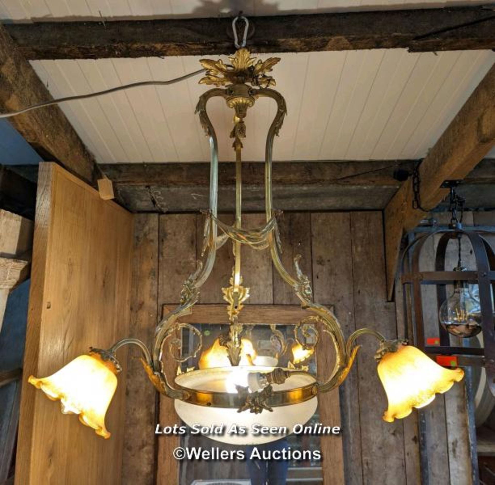 French brass chandelier, with two glass shades, third damaged. Not PAT tested. Size approx 75cm x