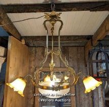 French brass chandelier, with two glass shades, third damaged. Not PAT tested. Size approx 75cm x