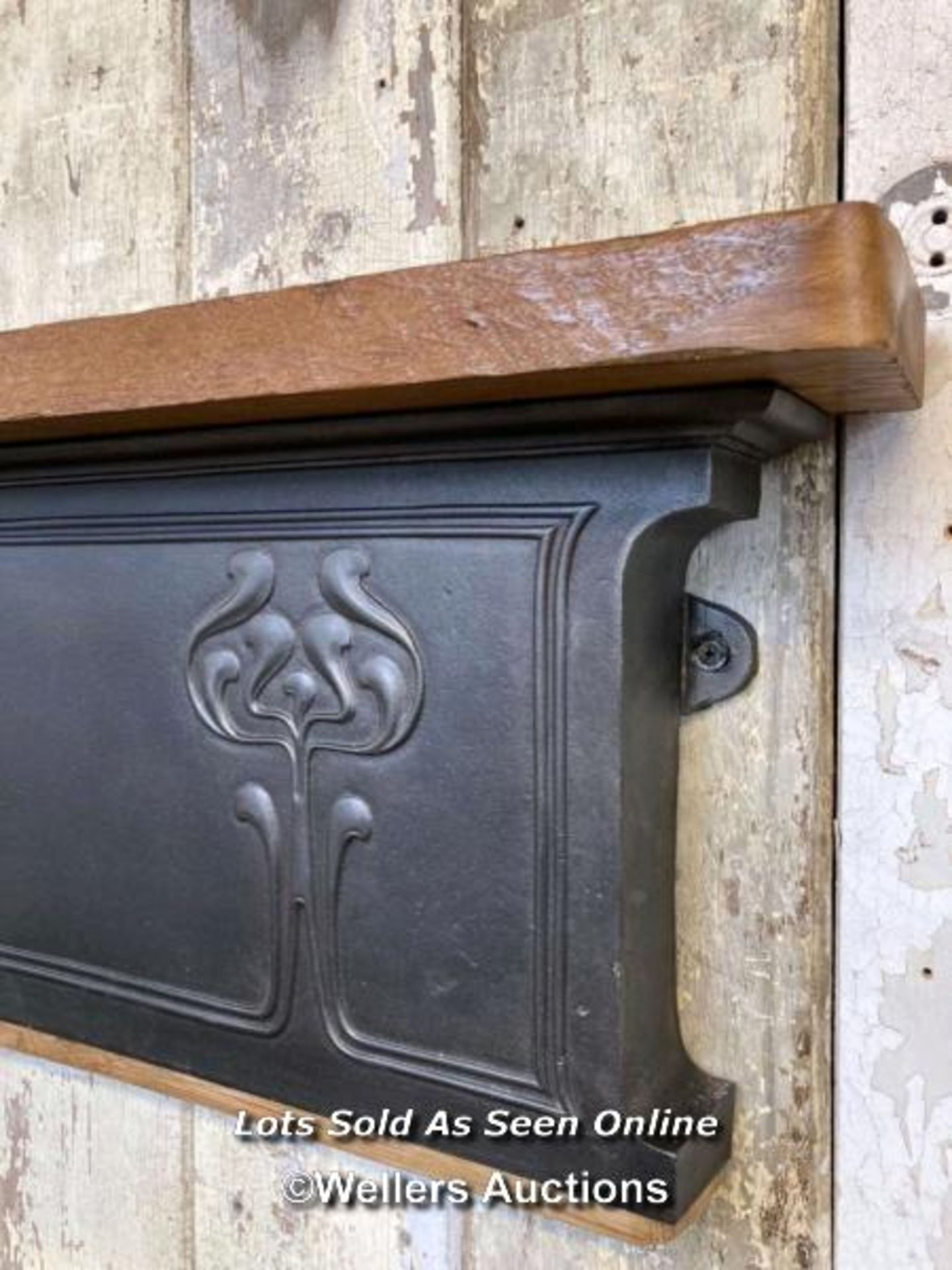 Art Nouveau cast iron fireplace element converted into wall shelf with oak top. 110cm x 37cm T. - Image 3 of 4