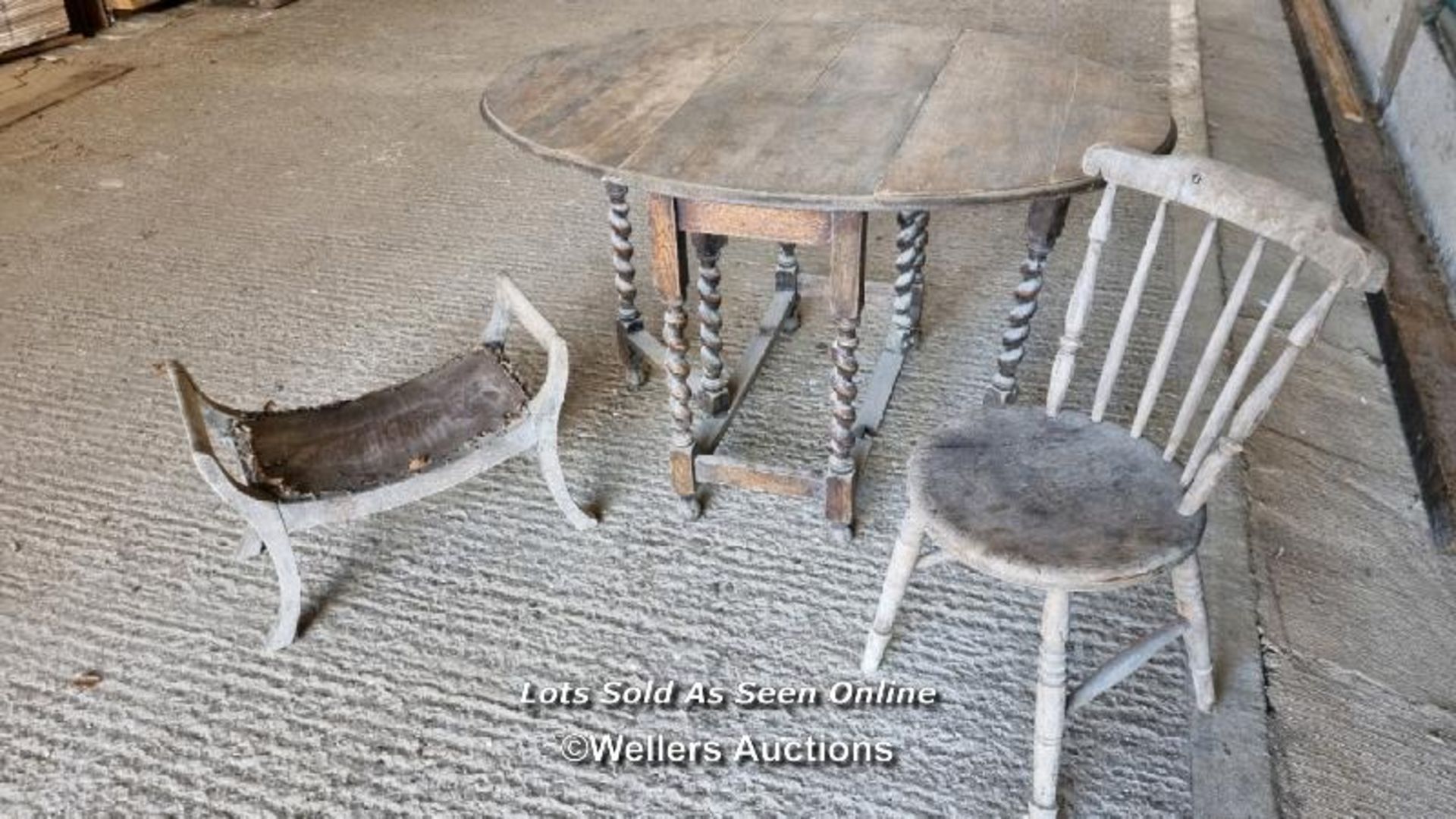 3 pieces of furniture for restoration . An oak drop leaf table with 122cm by 91cm oval top. Table is