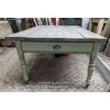 Pine dining table. Compact 6 to 8 seats design. Painted base with green paint. Some paint failure.