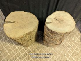 2 stumps for use as rustic stools. Hardwood with some bark. Fully seasoned. Approx 62cm high, 30cm