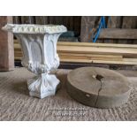 A cast garden urn in Gothic style copied from a Victorian lead urn plus a stone circle/sharpening