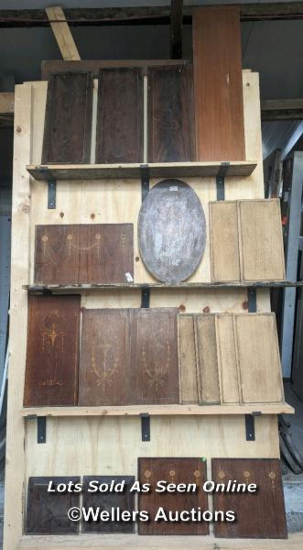 A collection of hardwood timber door panels including marquetry panels. 19 items