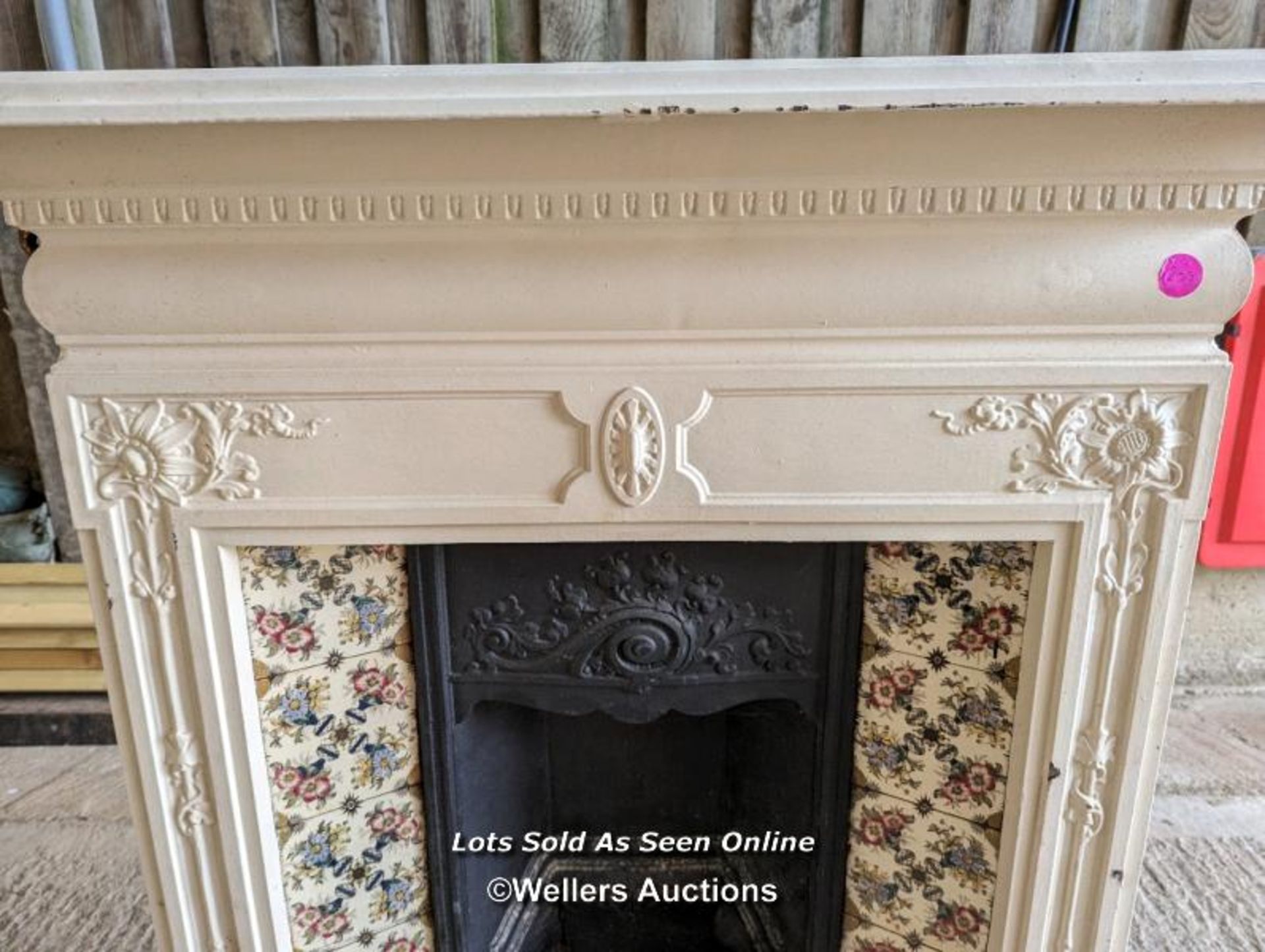 Edwardian painted cast iron combination fireplace with tiles. Complete except for one lug missing. - Image 4 of 6