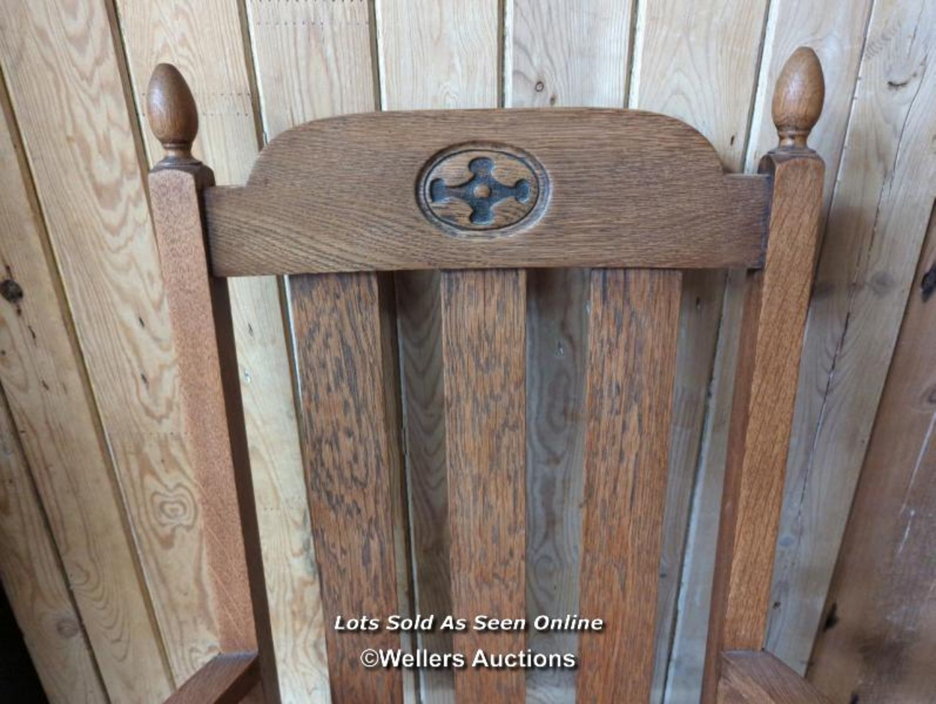 Oak arts and crafts carved high back chair. Cushion seat. 113cm high. Good condition - Image 2 of 6