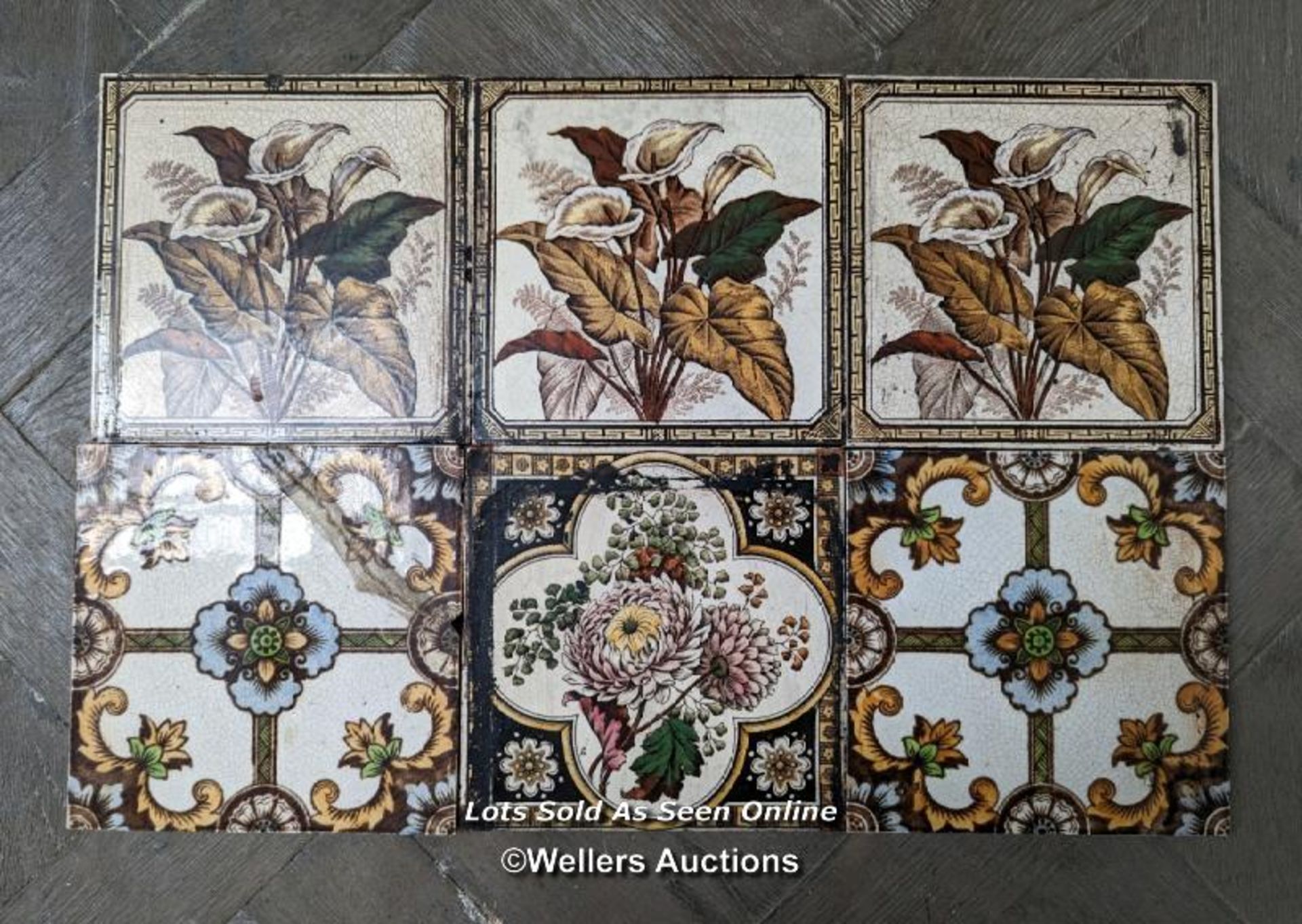 6 assorted Victorian transfer print tiles 6" x 6"