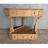 Unusual Victorian corner table with drawers. Stripped pine. Waxed. 81cm H x 86cm W x 51cm D