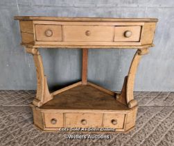 Unusual Victorian corner table with drawers. Stripped pine. Waxed. 81cm H x 86cm W x 51cm D