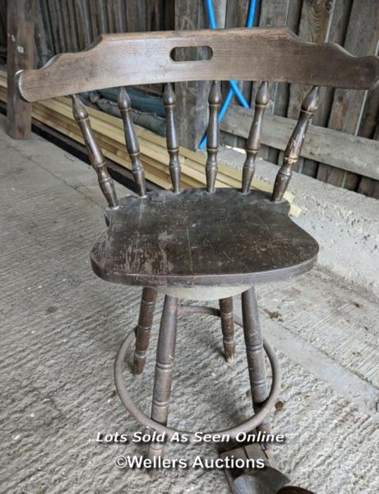 Hardwood stool with swivel chair seat plus cast iron pulley wheel (29cm diameter) and mechanism - Image 2 of 5