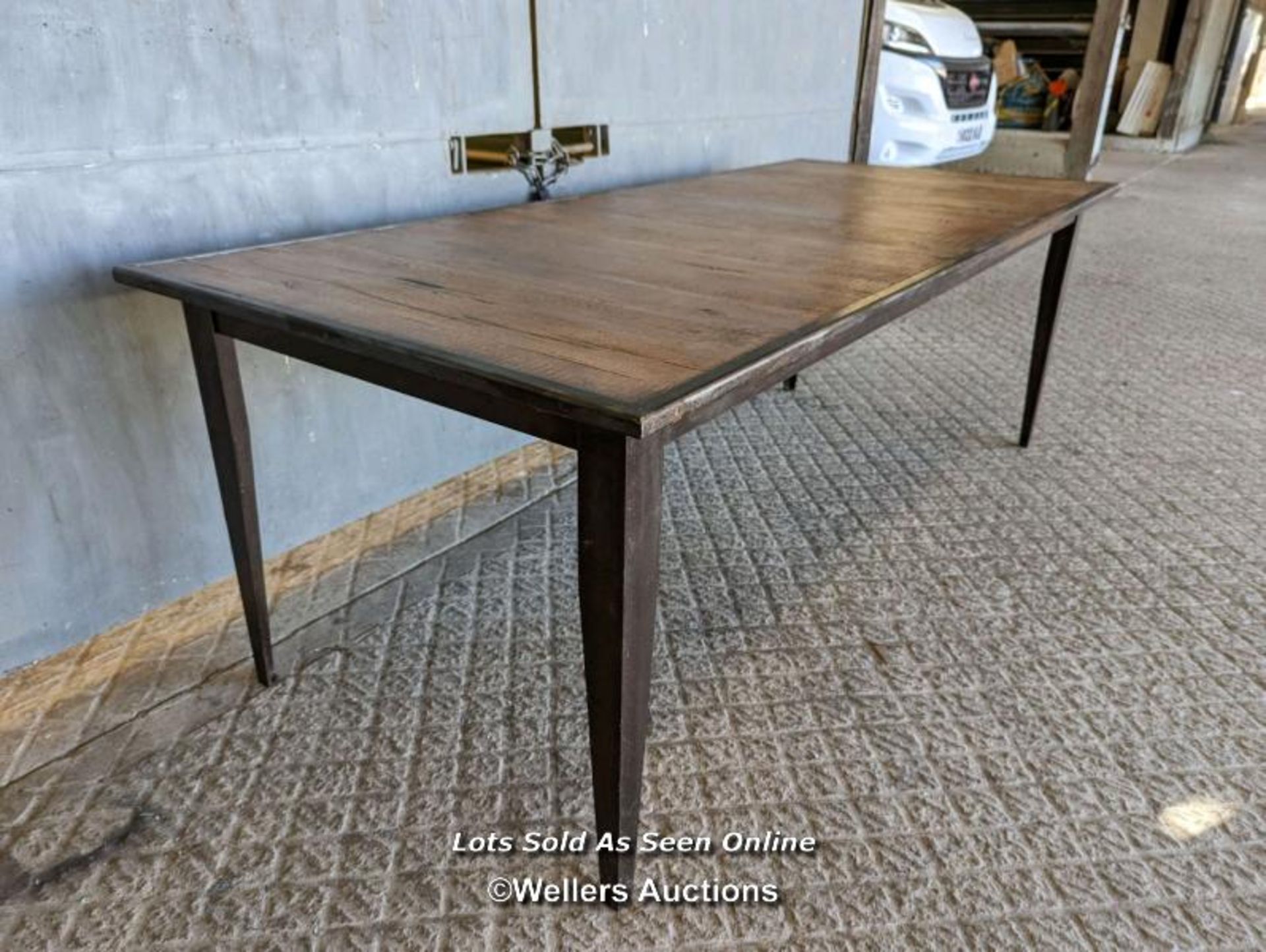 Oak and metal dining table. Reclaimed oak planks bordered in steel. Steel legs. 8 to 10 seater. - Image 2 of 6