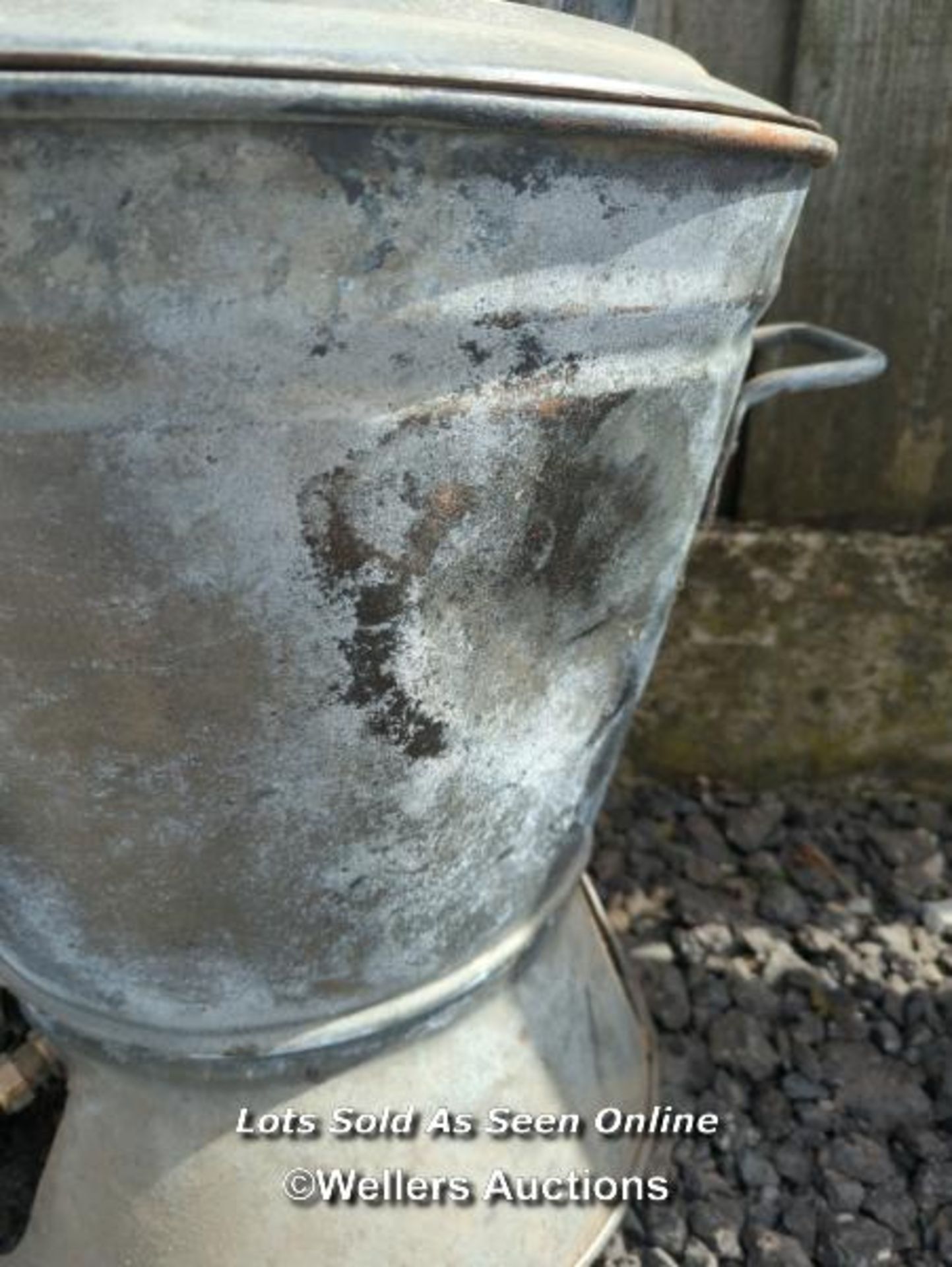 Galvanised washer, hopper or planter with brass tap (not tested) and lid. 52cm high. 48cm across. - Image 6 of 6