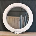 New circular window with fixed clear glass. Joinery made. 75cm diameter x 9cm thick. Primed and