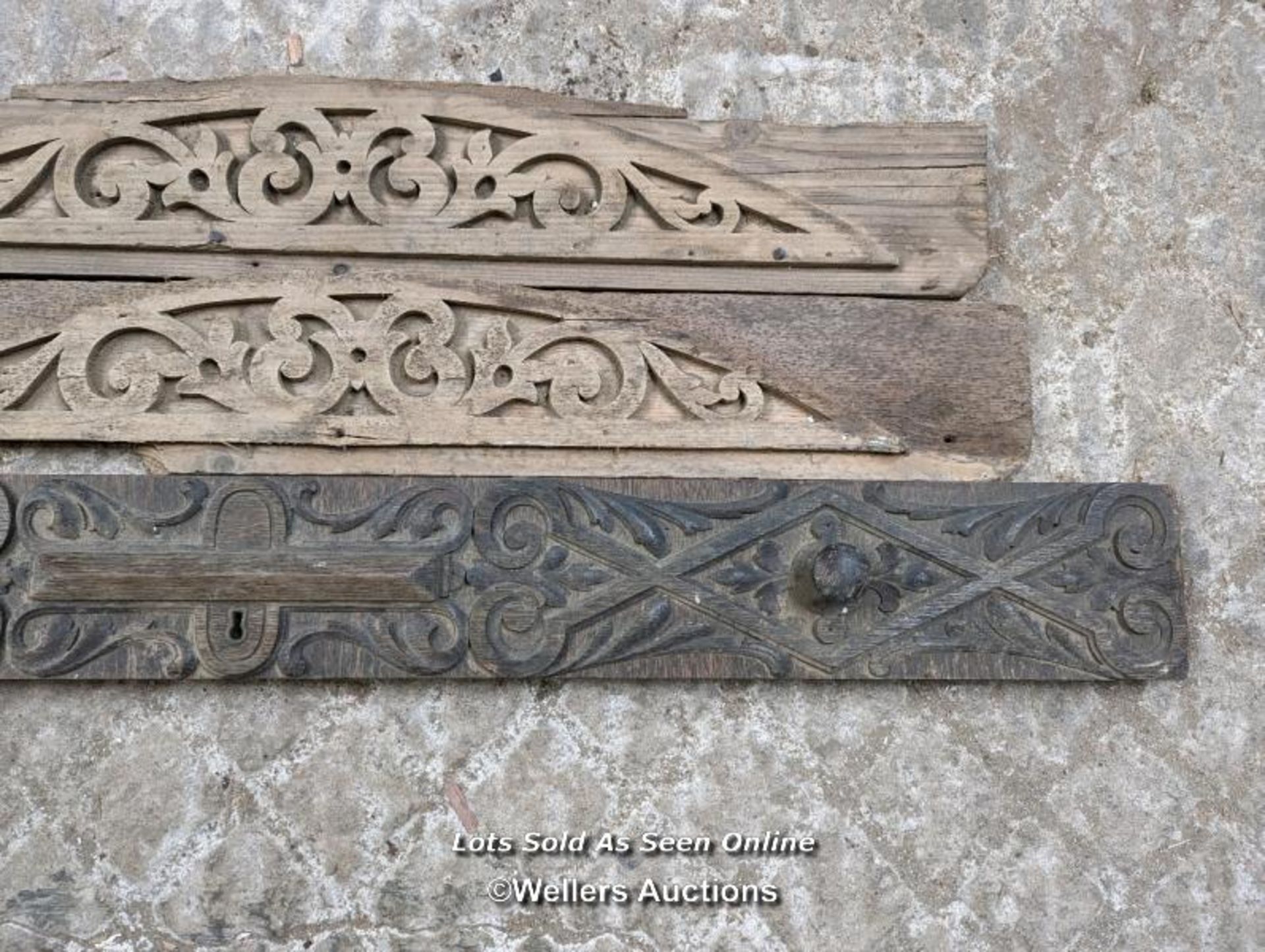 3 handcarved panels for restoration. 2 pine and one oak. 11cm each by 76cm to 107cm - Image 2 of 4